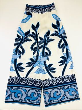 Rachel Zoe print wide leg pant Small pull on Sateen Resort Party